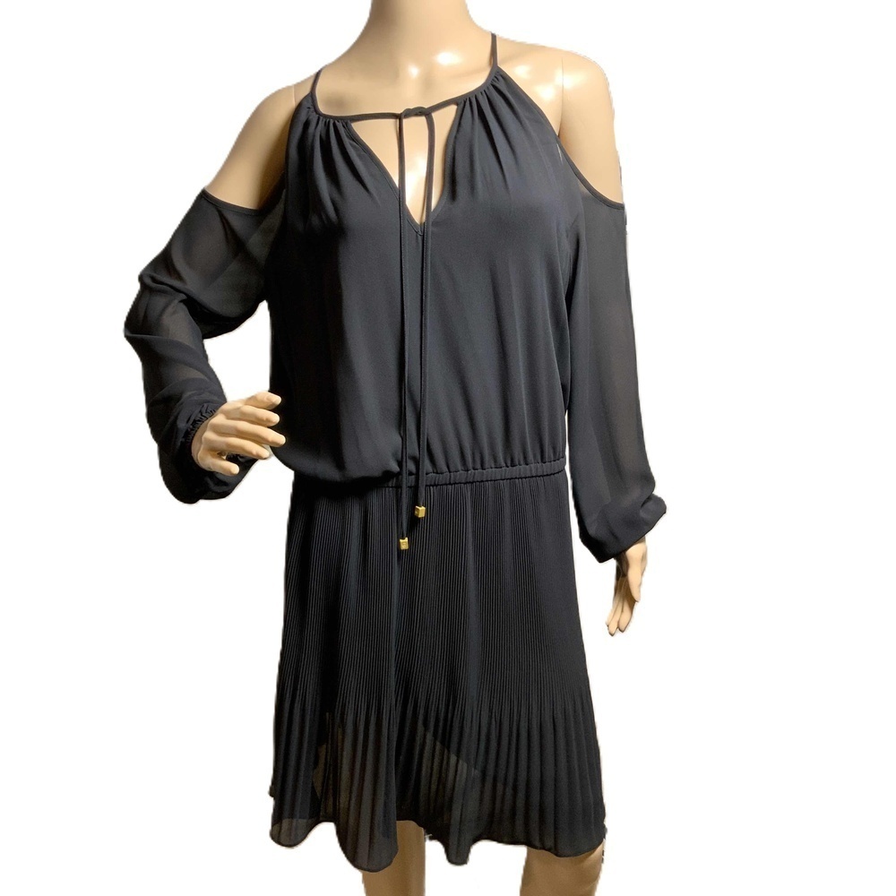 Michael Kors Womens Black Pleated Cold Shoulder Dress Sz Med Coquette Balletcore